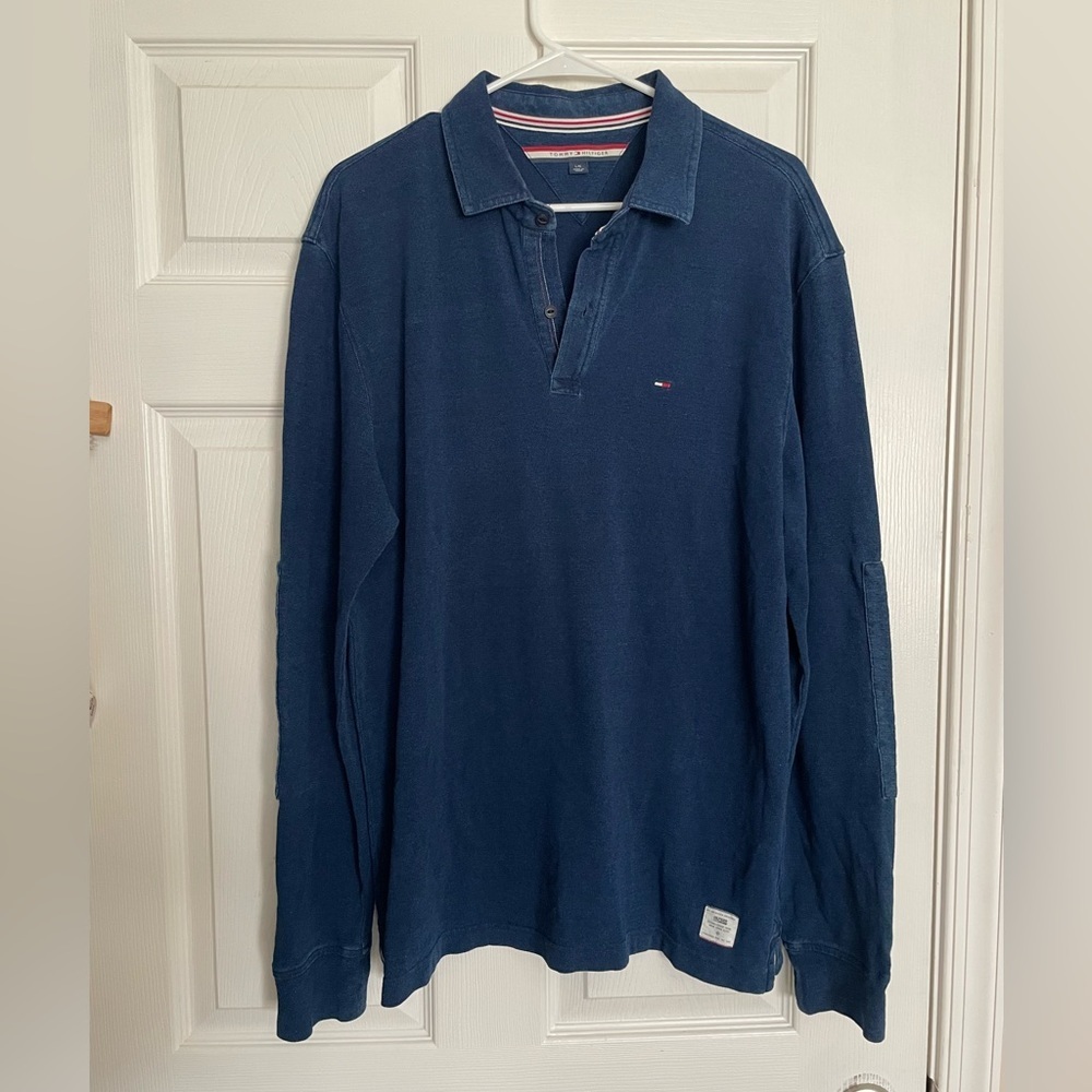 Vintage Tommy Hilfiger Men's sz Large Dark Blue Long-Sleeve Polo 100% Cotton